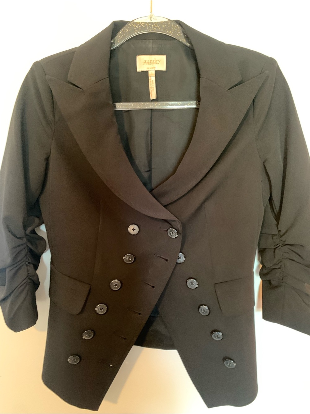 Laundry By Shelli Segal Black Double-Breasted Ruched-Sleeve Blazer